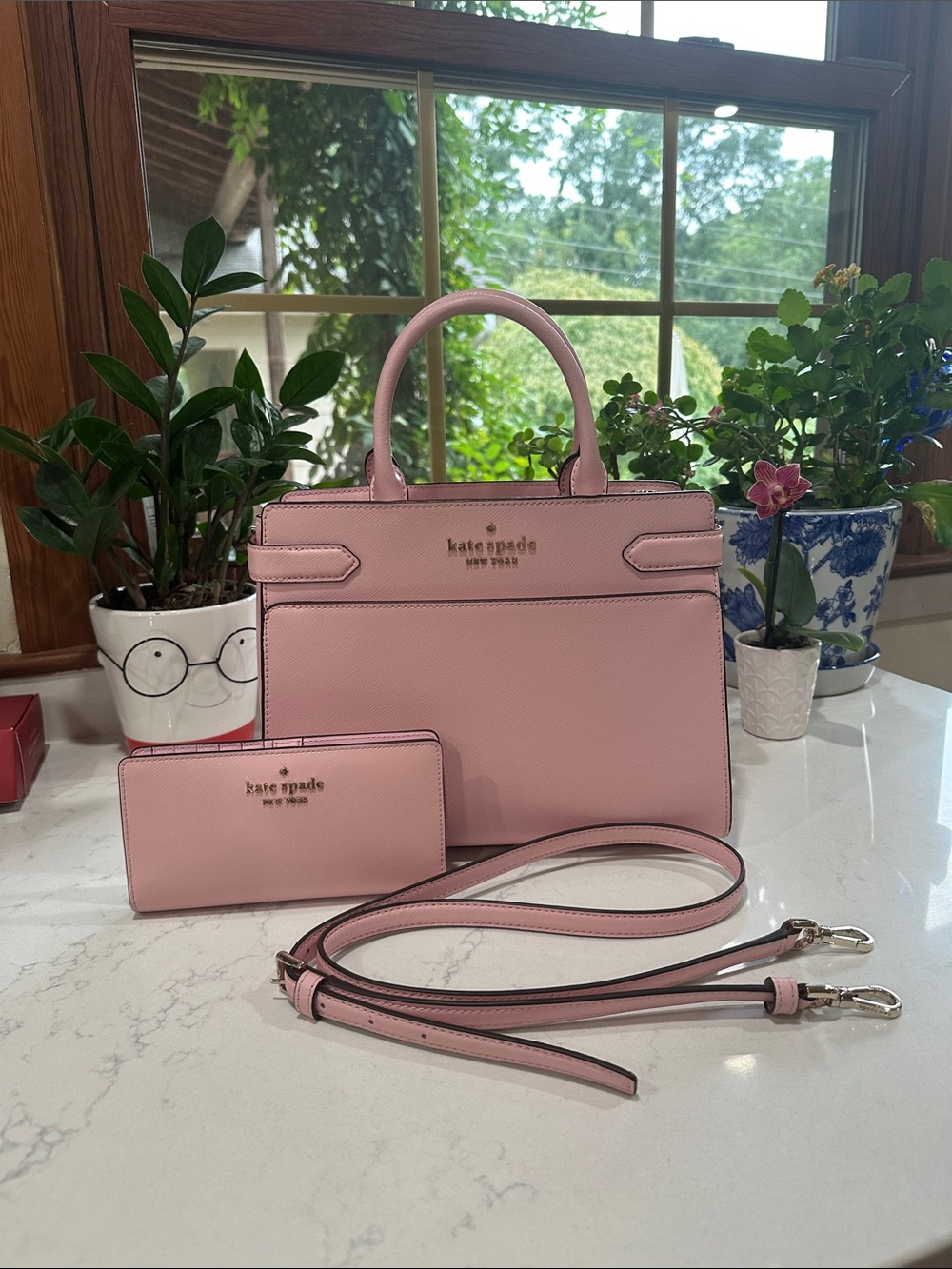 kate spade Pink Leather Satchel with Matching Wallet and Strap